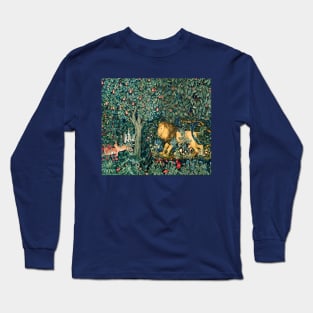 GREENERY, FOREST ANIMALS Lion and Hares Blue Green Floral Long Sleeve T-Shirt